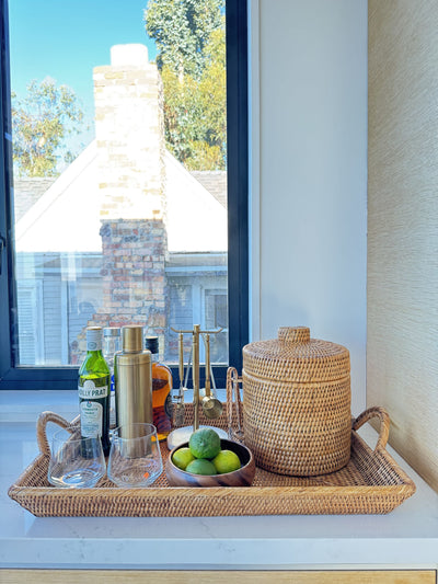 La Jolla Rattan Ice Bucket with Ice Tongs, Honey Brown