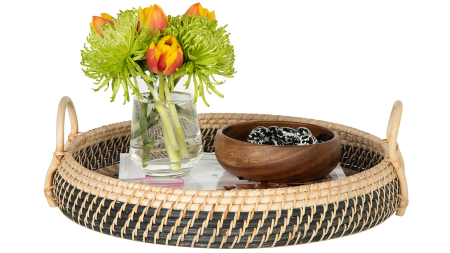 Round Rattan Serving and Breakfast Tray, Natural-Black