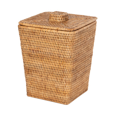 La Jolla Rattan Square Paper Waste Basket and Trash Bin with Lid and Plastic Insert