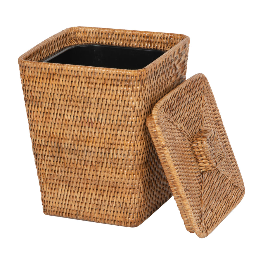 La Jolla Rattan Square Paper Waste Basket and Trash Bin with Lid and Plastic Insert