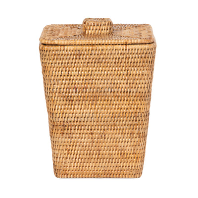 La Jolla Rattan Square Paper Waste Basket and Trash Bin with Lid and Plastic Insert