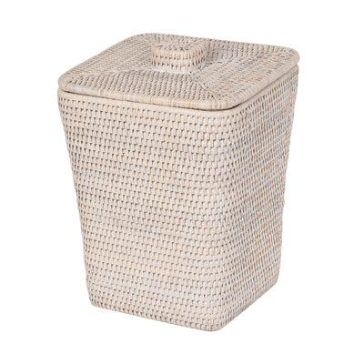 La Jolla Rattan Square Paper Waste Basket and Trash Bin with Lid and Plastic Insert