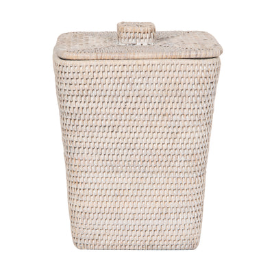 La Jolla Rattan Square Paper Waste Basket and Trash Bin with Lid and Plastic Insert