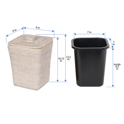 La Jolla Rattan Square Paper Waste Basket and Trash Bin with Lid and Plastic Insert