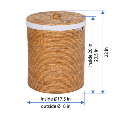 La Jolla Round Rattan Clothes Hamper & Laundry Basket with  Liner and Lid, 1 Large Load