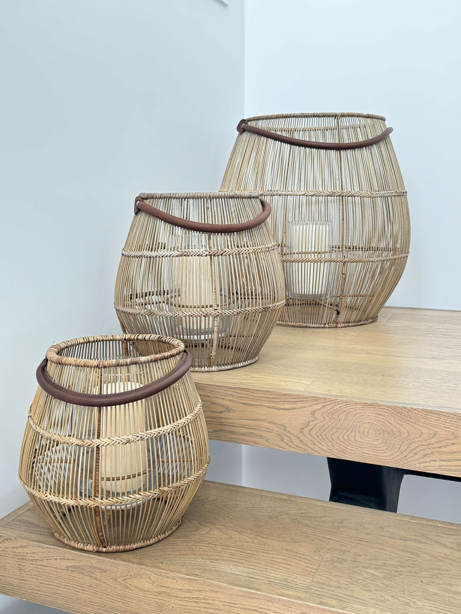 Baja Tulip Decorative Rattan Hurricane Lanterns, Natural