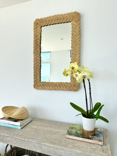 Rectangular Braided Wicker Decorative Wall Mirror, 24 x 36 Inch, Natural