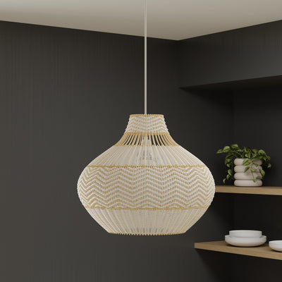 Wicker and Polyrattan Pear Shaped Zig-Zag Pendant Lamp, White, Diam 18 Inches