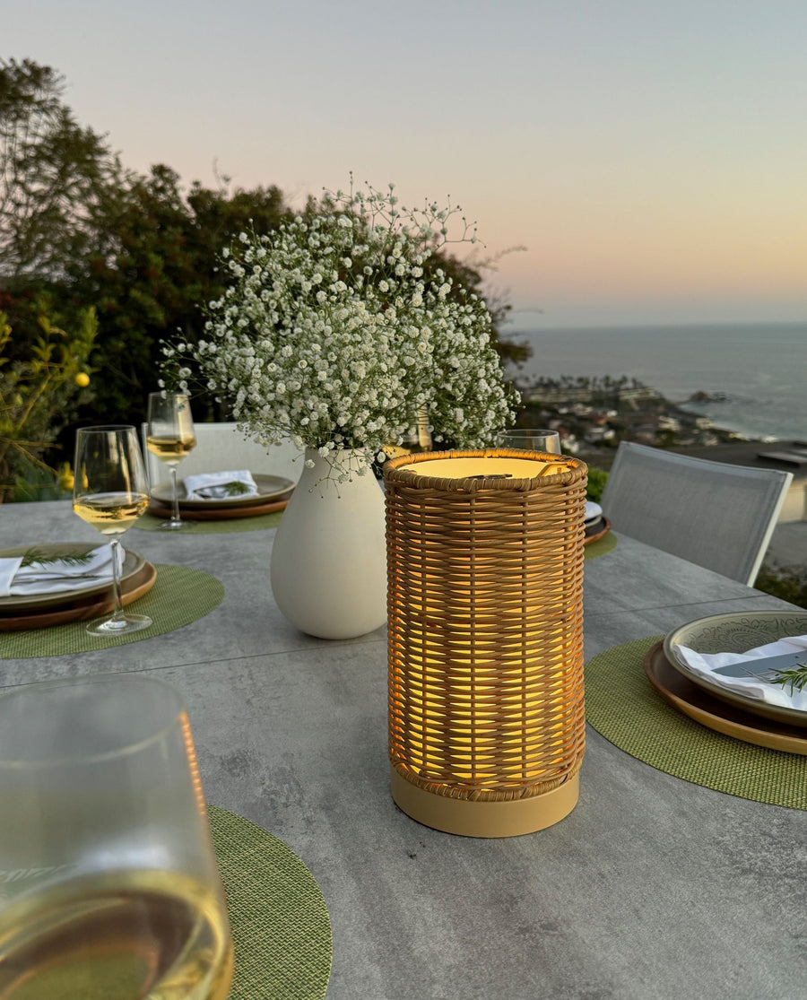 All Weather Wicker Indoor/Outdoor Rechargeable LED Drum Table Lamp, Natural Color