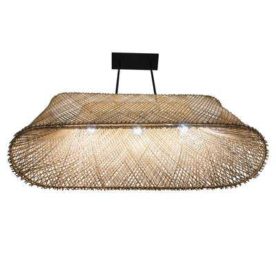 Cane Rib Webbing Oblong Dining Table - Kitchen Island Pendant Lamp, Natural with Black Matte Hardware