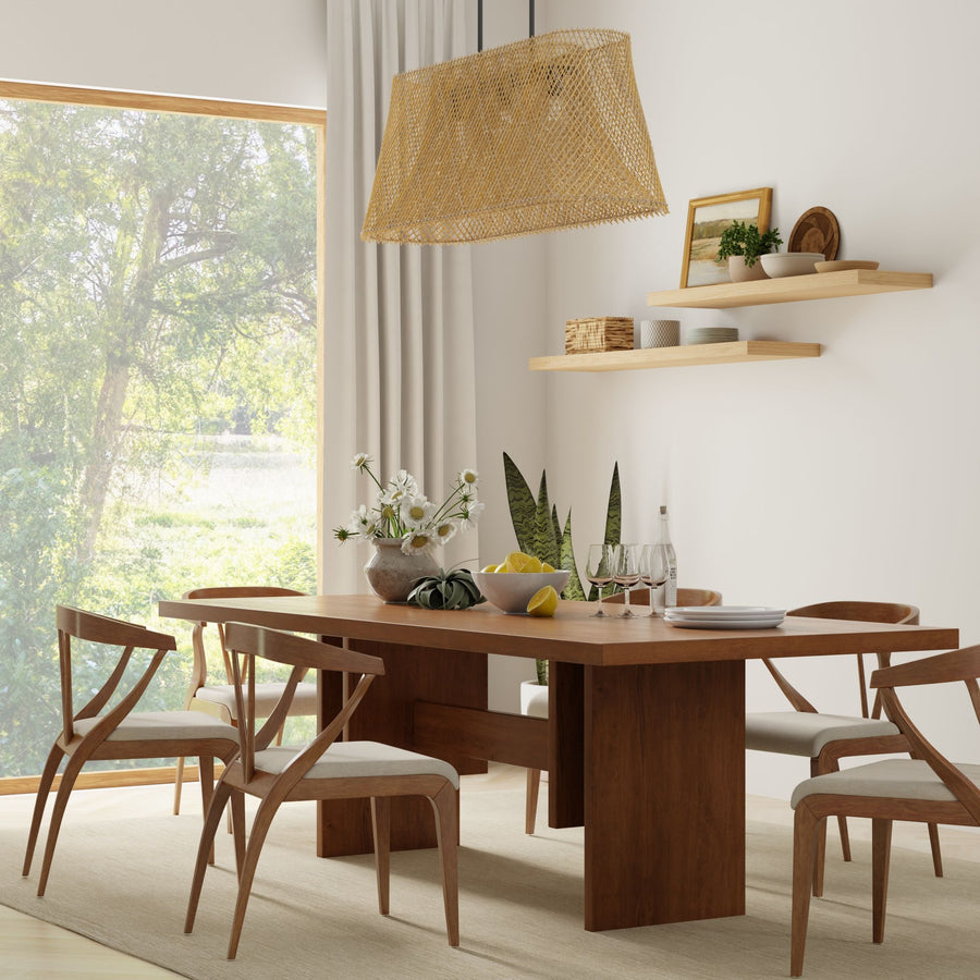 Cane Rib Webbing Oblong Dining Table - Kitchen Island Pendant Lamp, Natural with Black Matte Hardware