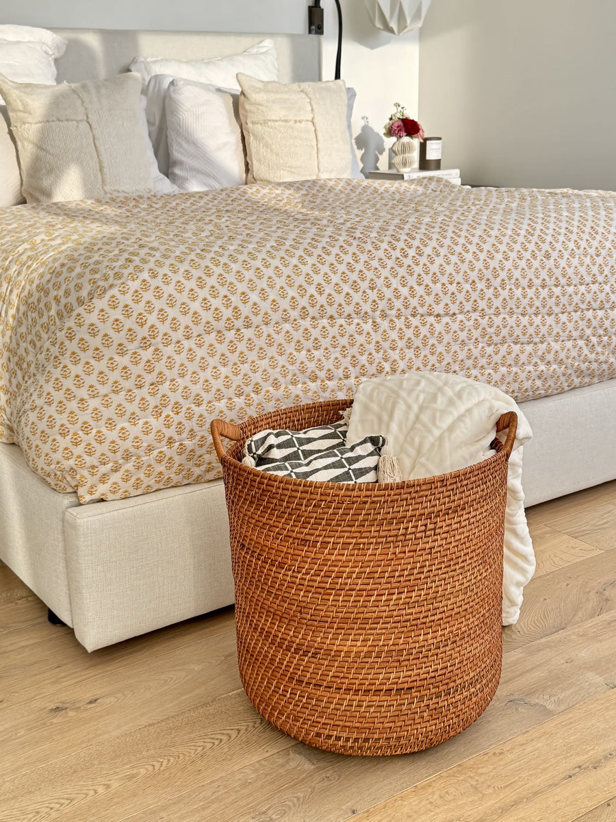 Kouboo Honey Brown Round Rattan Storage Basket With Ear Handles 