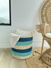 Round Sisal Storage Basket with Handles, Turquoise, Dark Blue and Natural