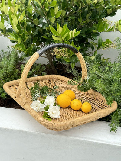 Vegetable and Flower Wicker Basket with Leather Wrapped Arch Handle, Natural Color