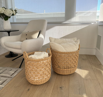 Wave Natural Rattan Basket with Handles - Elegant Braided Weave