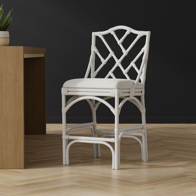 Chippendale Rattan Counter Stool, White and Off-White Upholstery