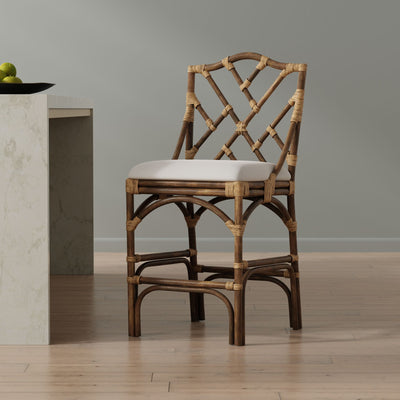 Chippendale Rattan Counter Stool, Antique Brown and Off-White Upholstery