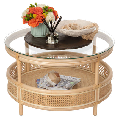 Latitude Rattan Cane Round 2-Tier Open Shelf Coffee Table with Glass Top, Natural