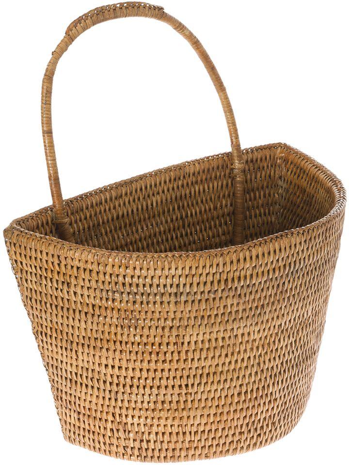 WOVEN Rattan GATHERING BASKET~Curved HANDLE 19” X 14” flat bottom